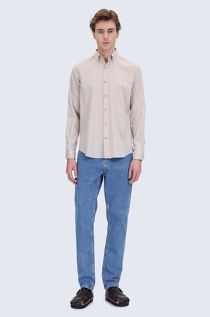 Vizon Comfort Fit Düğmeli Yaka 100% Pamuk Uzun Kollu Keten Gömlek | XL