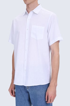 Beyaz Comfort Fit Düğmeli Yaka Kısa Kollu Pamuk Keten Karışımlı Gömlek | XL