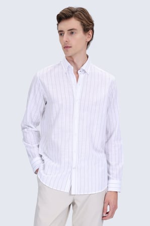 Yeşil Comfort Fit Çizgili Düğmeli Yaka Uzun Kollu Pamuk Gömlek | XL