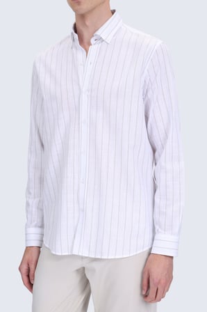 Yeşil Comfort Fit Çizgili Düğmeli Yaka Uzun Kollu Pamuk Gömlek | XL