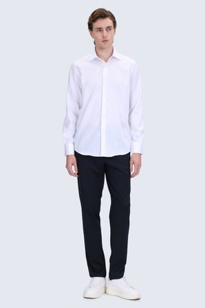 Beyaz Comfort Fit Slim Yaka Uzun Kollu Non Iron Saten Gömlek | M