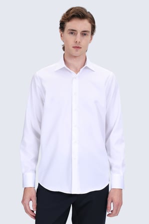 Beyaz Comfort Fit Slim Yaka Uzun Kollu Non Iron Saten Gömlek | M