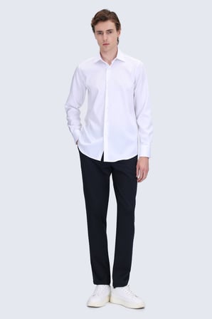 Beyaz Comfort Fit Slim Yaka Uzun Kollu Non Iron Saten Gömlek | M