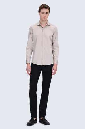 Bej Slim Fit Açık İtalyan Yaka 100% Pamuk Uzun Kollu Spor Gömlek | M