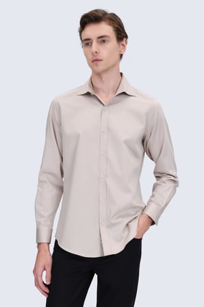 Bej Slim Fit Açık İtalyan Yaka 100% Pamuk Uzun Kollu Spor Gömlek | M