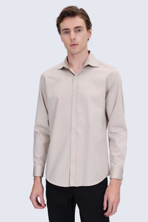 Bej Slim Fit Açık İtalyan Yaka 100% Pamuk Uzun Kollu Spor Gömlek | M