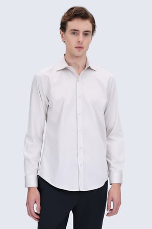 Ekru Slim Fit Açık İtalyan Yaka 100% Pamuk Uzun Kollu Spor Gömlek | XL