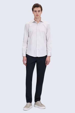 Ekru Slim Fit Açık İtalyan Yaka 100% Pamuk Uzun Kollu Spor Gömlek | XL