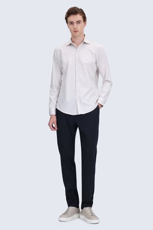 Ekru Slim Fit Açık İtalyan Yaka 100% Pamuk Uzun Kollu Spor Gömlek | XL