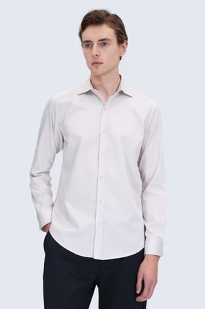 Ekru Slim Fit Açık İtalyan Yaka 100% Pamuk Uzun Kollu Spor Gömlek | XL