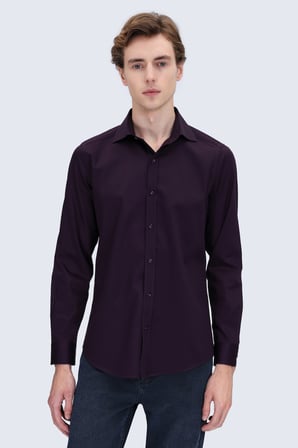 Kırmızı Slim Fit Açık İtalyan Yaka 100% Pamuk Uzun Kollu Spor Gömlek | M