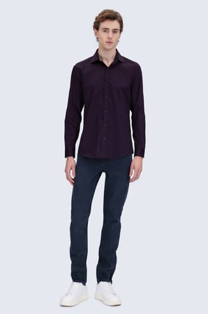 Kırmızı Slim Fit Açık İtalyan Yaka 100% Pamuk Uzun Kollu Spor Gömlek | M