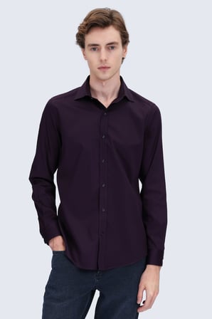 Kırmızı Slim Fit Açık İtalyan Yaka 100% Pamuk Uzun Kollu Spor Gömlek | M