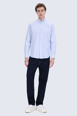 Mavi Comfort Fit Düğmeli Yaka Uzun Kollu Pamuk Gömlek | M