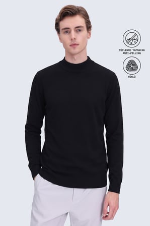 Siyah Regular Fit Yarım Balıkçı Yaka Yünlü Kazak | XXL