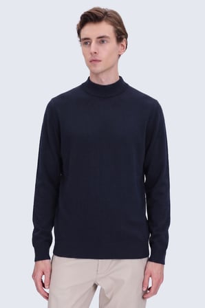 Lacivert Regular Fit Yarım Balıkçı Yaka Yünlü Kazak | M