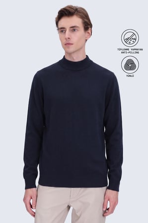 Lacivert Regular Fit Yarım Balıkçı Yaka Yünlü Kazak | XXL