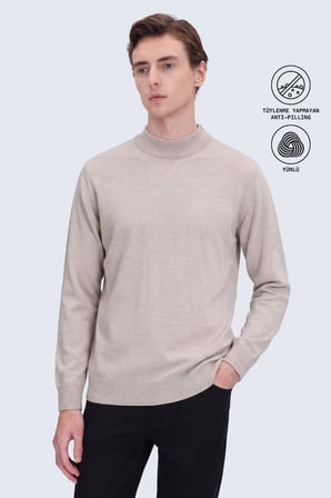 Bej Regular Fit Yarım Balıkçı Yaka Yünlü Kazak | XXL