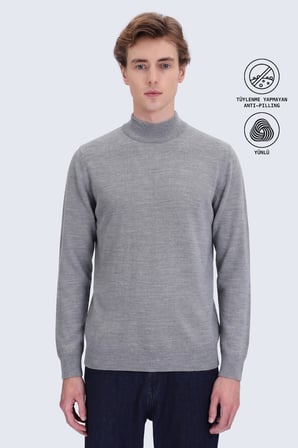 Gri Regular Fit Yarım Balıkçı Yaka Yünlü Kazak | S