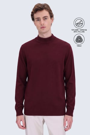 Bordo Regular Fit Yarım Balıkçı Yaka Yünlü Kazak | M