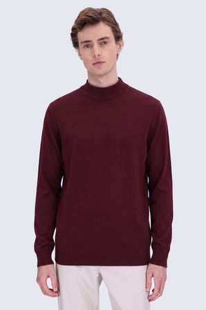 Bordo Regular Fit Yarım Balıkçı Yaka Yünlü Kazak | M