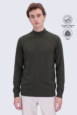 Haki Regular Fit Yarım Balıkçı Yaka Yünlü Kazak | M