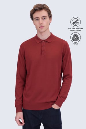 Kiremit Regular Fit Düz Polo Yaka Triko Kazak | M