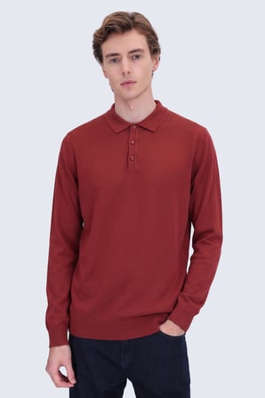 Kiremit Regular Fit Düz Polo Yaka Triko Kazak | M