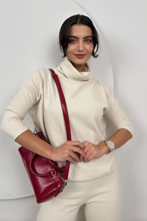 Loya Kadın Balıkçı Yaka Rahat Triko Krem İkili Takım