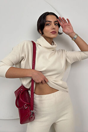 Loya Kadın Balıkçı Yaka Rahat Triko Krem İkili Takım