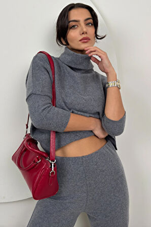 Loya Kadın Balıkçı Yaka Rahat Triko Gri İkili Takım