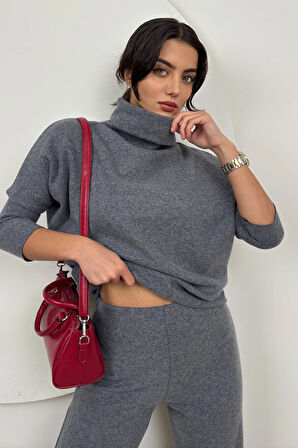 Loya Kadın Balıkçı Yaka Rahat Triko Gri İkili Takım