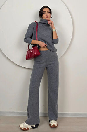 Loya Kadın Balıkçı Yaka Rahat Triko Gri İkili Takım