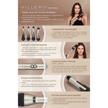 13 mm – 19 mm – 25 mm – 32 mm Seramik Kaplamalı Otomatik Saç Maşası – Yön Anahtarlı Su Dalgası -VME-4002A
