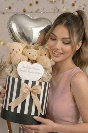 Premium Silindir Kutusunda Aynalı  ve Kalp Balonlu Peluş Taba 5li Ayıcık Buketi