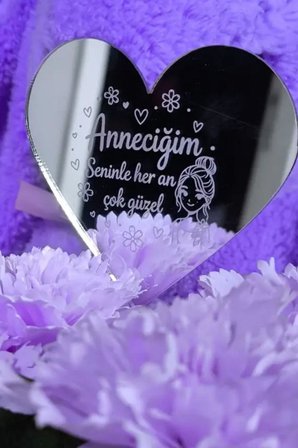 Anneler Günü’ne Özel LED Işıklı Lila Çiçek Buketi ve Peluş Tavşan Seti – Kalp Aynalı, Mesajlı Aynalı Şık Hediye
