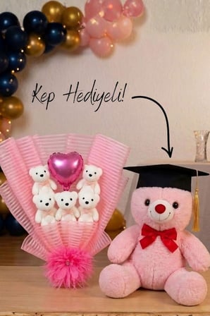 Mezuniyete Özel Kep Hediyeli Pembe Peluş Ayı & Anı Buketi Seti | Sevgiliye, Kıza Hediye