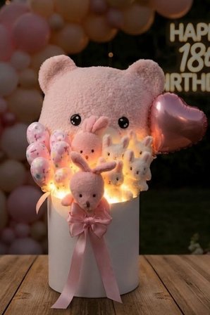 Deluxe LED Işıklı Peluş Ayı Yastıklı Silindir Kutuda Peluş Ayıcık ve Tavşan Buketi | Sevgiliye, Kıza Hediye