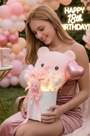 Deluxe LED Işıklı Peluş Ayı Yastıklı Silindir Kutuda Peluş Ayıcık ve Tavşan Buketi | Sevgiliye, Kıza Hediye
