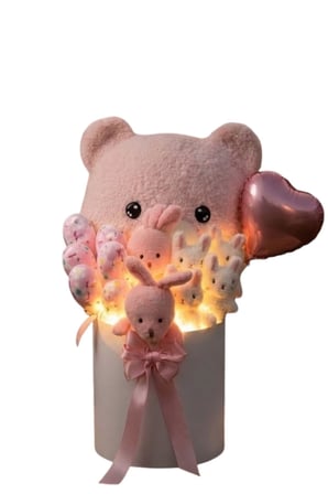 Deluxe LED Işıklı Peluş Ayı Yastıklı Silindir Kutuda Peluş Ayıcık ve Tavşan Buketi | Sevgiliye, Kıza Hediye