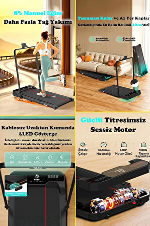Adımsayar, Program, Bluetooth, CE Belgeli, Eğim Ayarlı, Kumandalı, 10km Hız, Katlanabilir Koşu Bandı