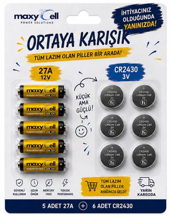 Maxycell Ortaya Karışık Pil Seti – 5 Adet 27A 12V Alkalin + 6 Adet CR2430 3V Lityum Pil