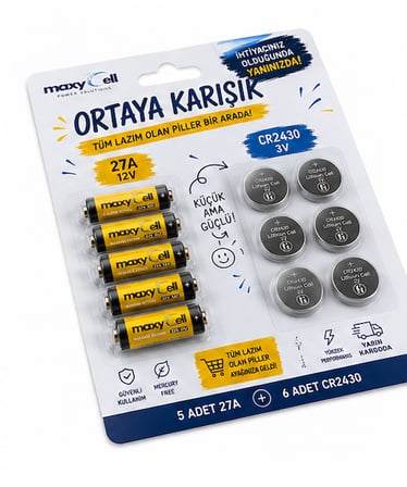 Maxycell Ortaya Karışık Pil Seti – 5 Adet 27A 12V Alkalin + 6 Adet CR2430 3V Lityum Pil