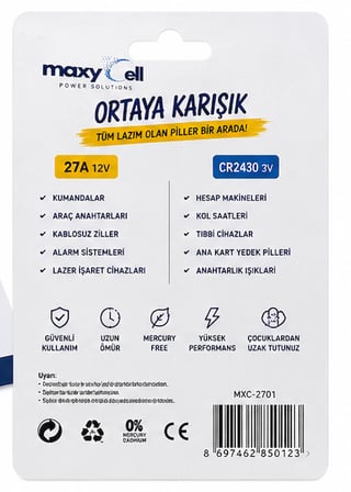 Maxycell Ortaya Karışık Pil Seti – 5 Adet 27A 12V Alkalin + 6 Adet CR2430 3V Lityum Pil