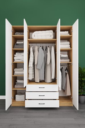 Lüks 4 Kapaklı 3 Çekmeceli Gardırop %100 MDF Askılı Düzenleyici Elbise Dolabı G02