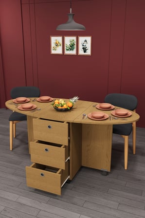 Lüks Katlanır Mutfak Yemek Masası %100 MDF Pratik Çekmeceli Çalışma Masası KM08