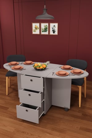 Lüks Katlanır Mutfak Yemek Masası %100 MDF Pratik Çekmeceli Çalışma Masası KM08