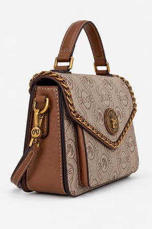 Monogram ve Zincir Örgü Detaylı Logolu Küçük Boy Şık Tasarım Kadın El ve Omuz Çantası Camel