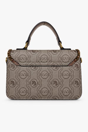 Monogram ve Zincir Örgü Detaylı Logolu Küçük Boy Şık Tasarım Kadın El ve Omuz Çantası Camel