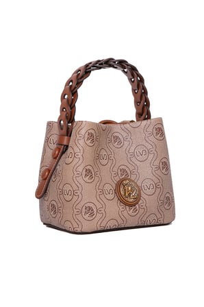 Monogram Baskılı Örme Kulp Detaylı Küçük Boy Kadın El Çantası Camel